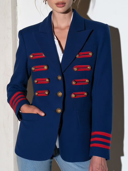 Military Officer Retro Red Striped Gold Button Royal Blue Blazer