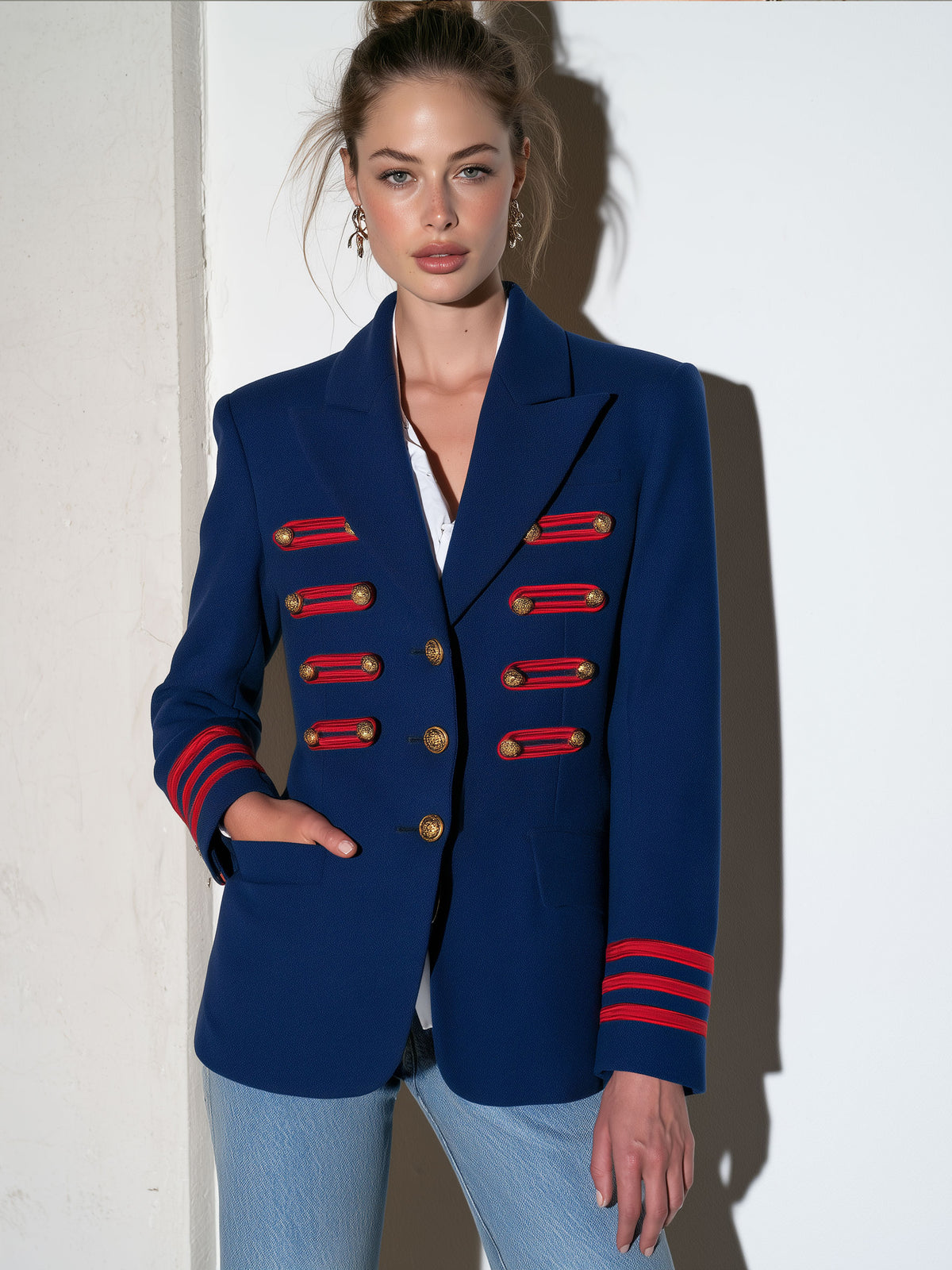 Military Officer Retro Red Striped Gold Button Royal Blue Blazer