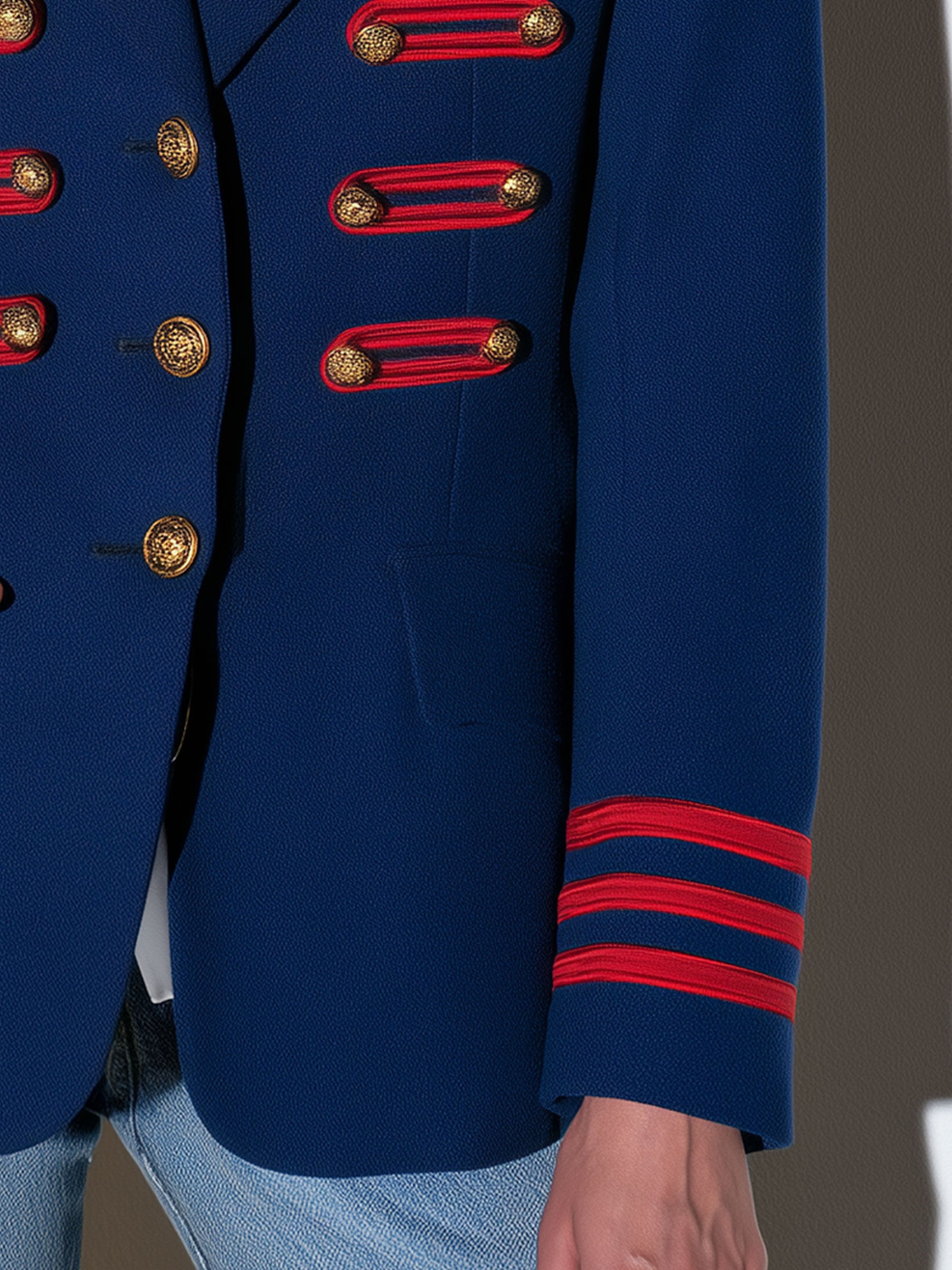 Military Officer Retro Red Striped Gold Button Royal Blue Blazer