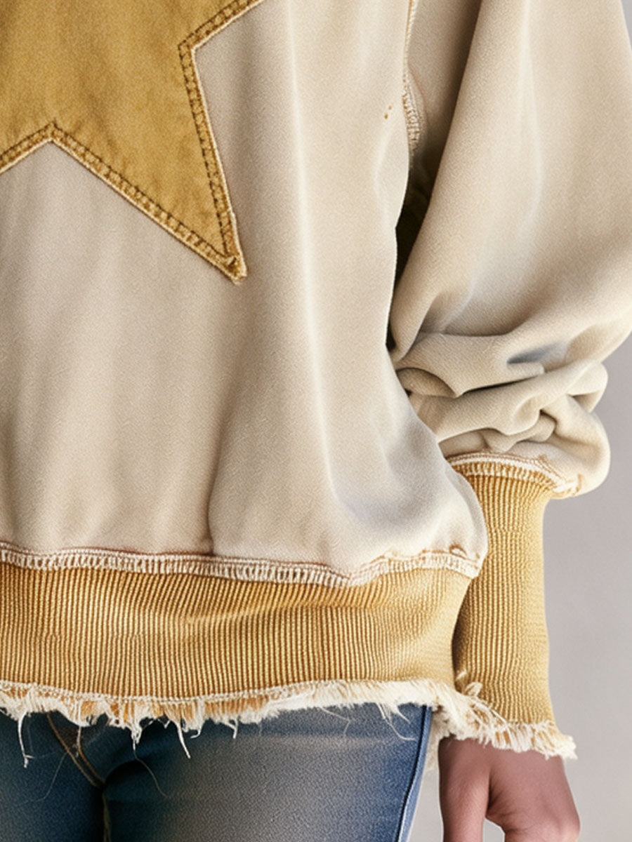 Casual Retro Yellow Star-patterned Apricot Cotton Sweatshirt