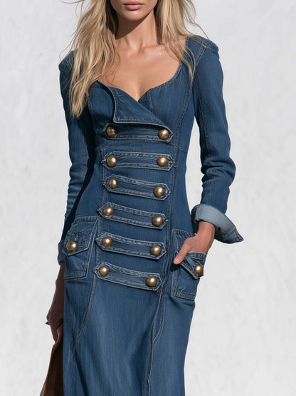 Vintage Military Blue Denim Maxi Dress Bronze Button Sweetheart Neck Long Sleeve