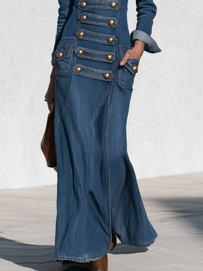 Vintage Military Blue Denim Maxi Dress Bronze Button Sweetheart Neck Long Sleeve