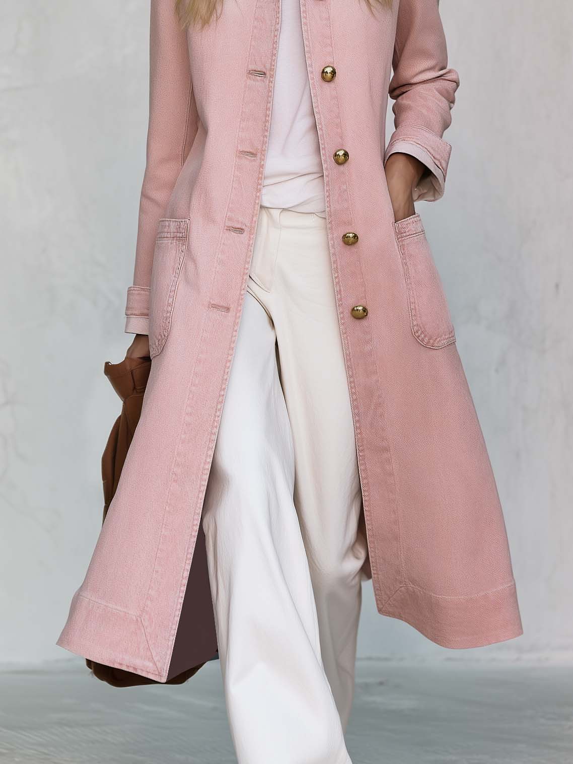 Elegant Blush Washed Denim Duster Coat Stand Collar Gold Dome Buttons
