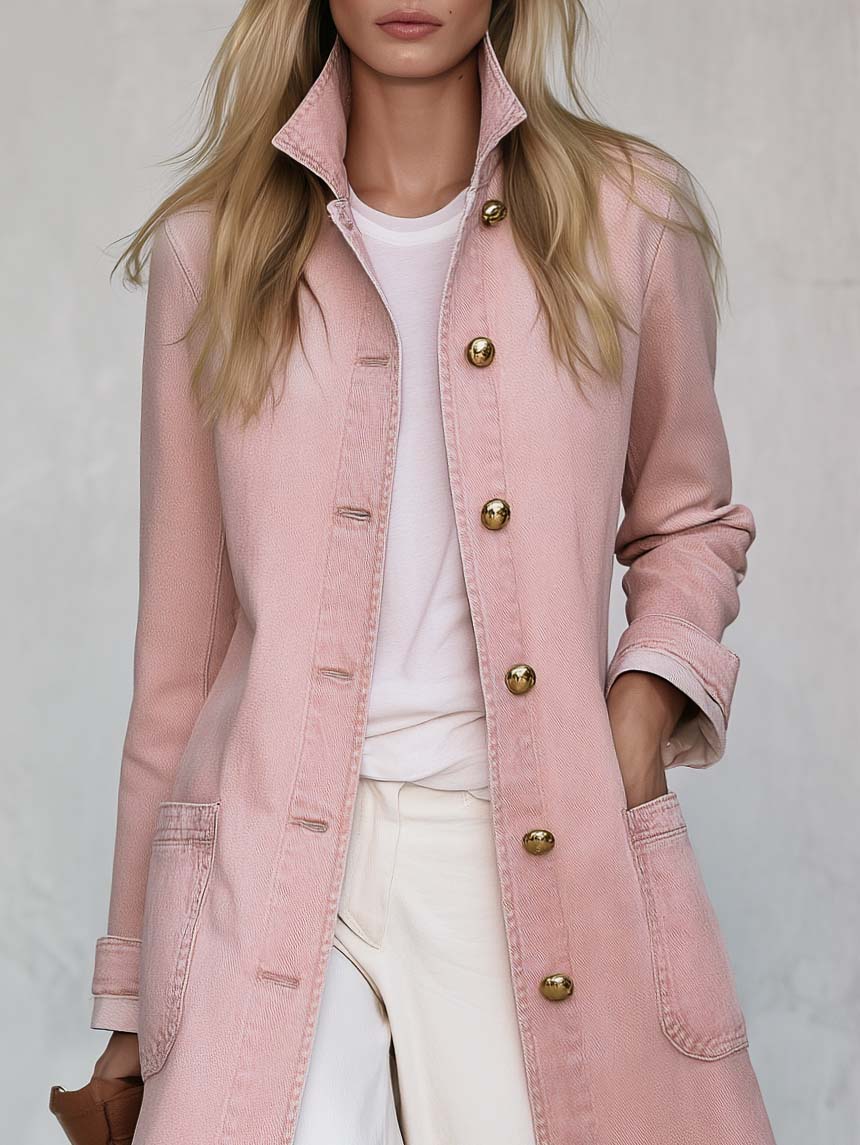 Elegant Blush Washed Denim Duster Coat Stand Collar Gold Dome Buttons