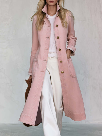 Elegant Blush Washed Denim Duster Coat Stand Collar Gold Dome Buttons