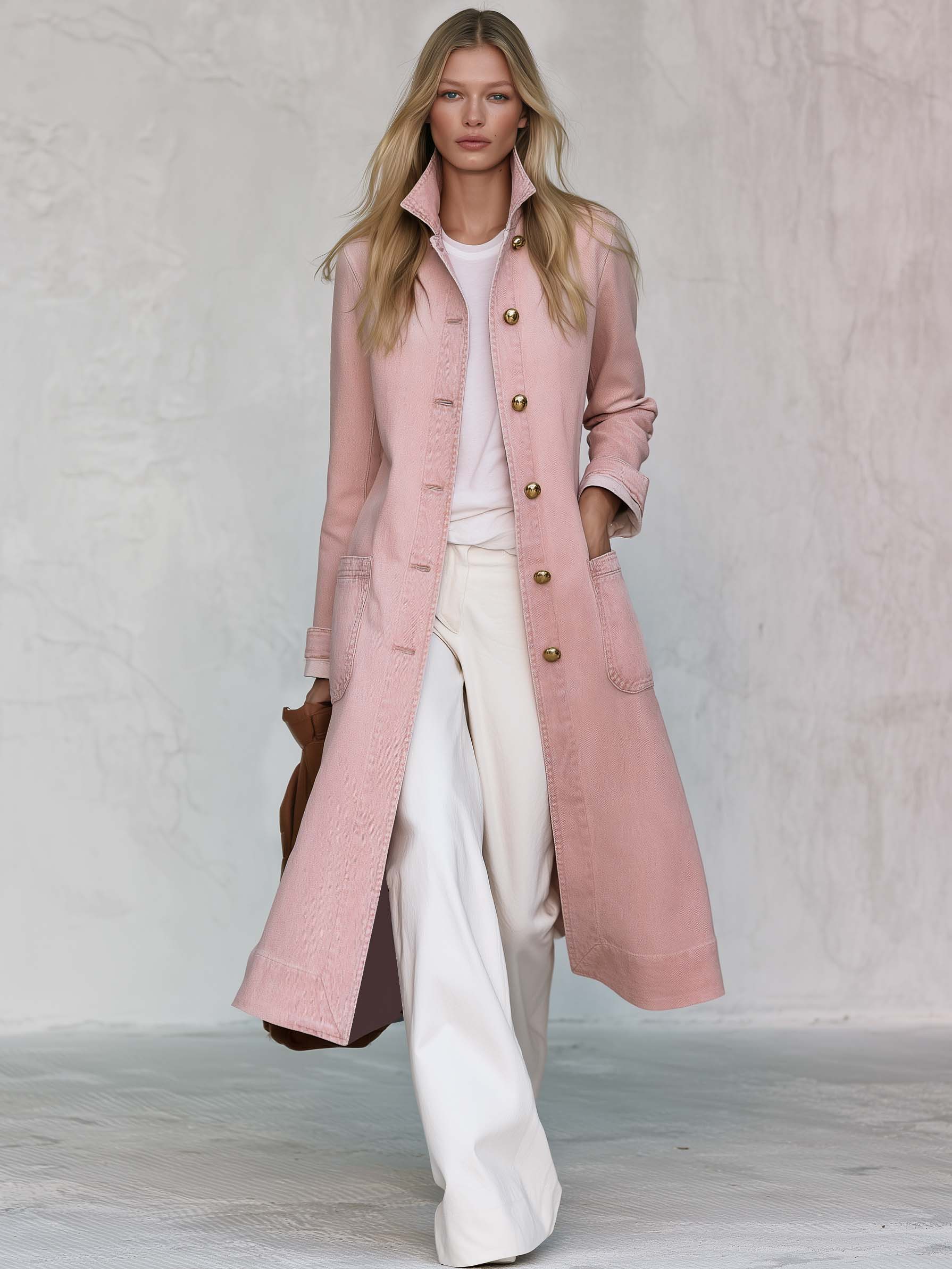 Elegant Blush Washed Denim Duster Coat Stand Collar Gold Dome Buttons