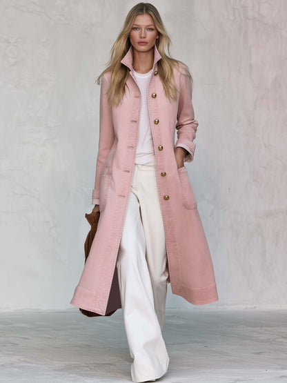 Elegant Blush Washed Denim Duster Coat Stand Collar Gold Dome Buttons