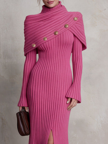 Retro-elegant Pink Draped Neckline, Gold Button Slit, Ribbed Knit Midi Dress