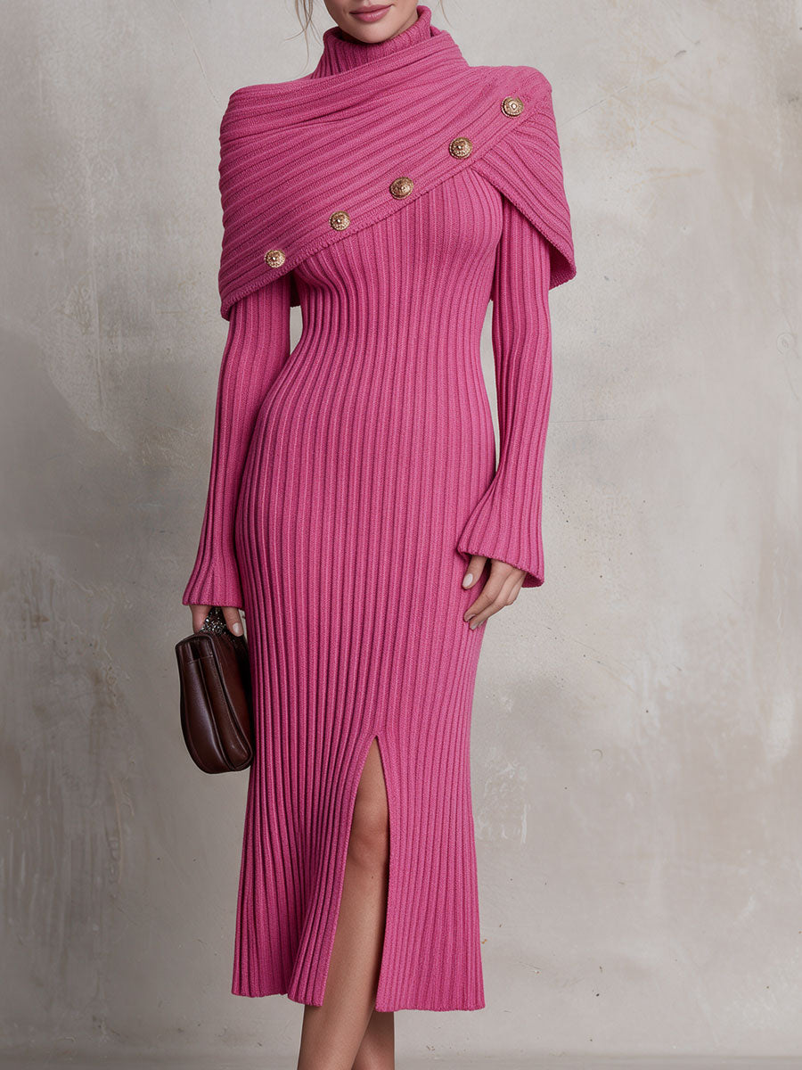 Retro-elegant Pink Draped Neckline, Gold Button Slit, Ribbed Knit Midi Dress