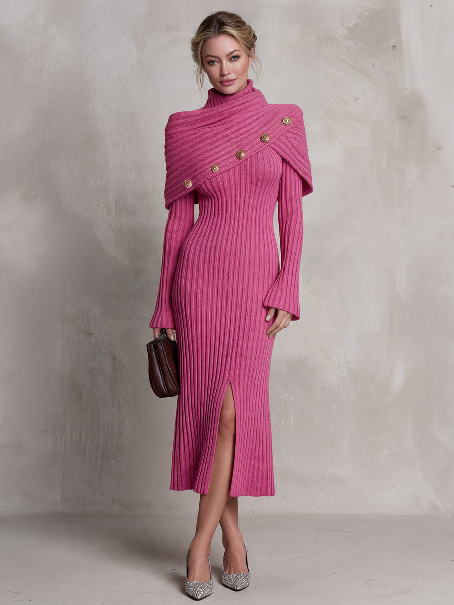 Retro-elegant Pink Draped Neckline, Gold Button Slit, Ribbed Knit Midi Dress