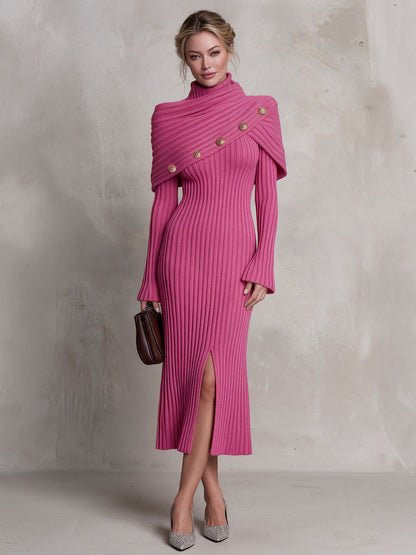 Retro-elegant Pink Draped Neckline, Gold Button Slit, Ribbed Knit Midi Dress