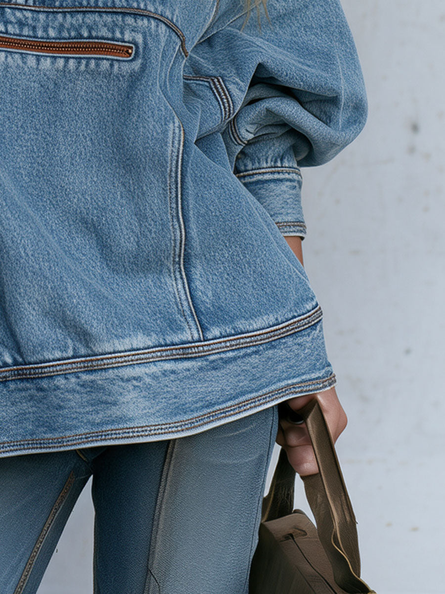 Casual Retro Light Blue Half-zip Stand-up Collar Denim Sweatshirt