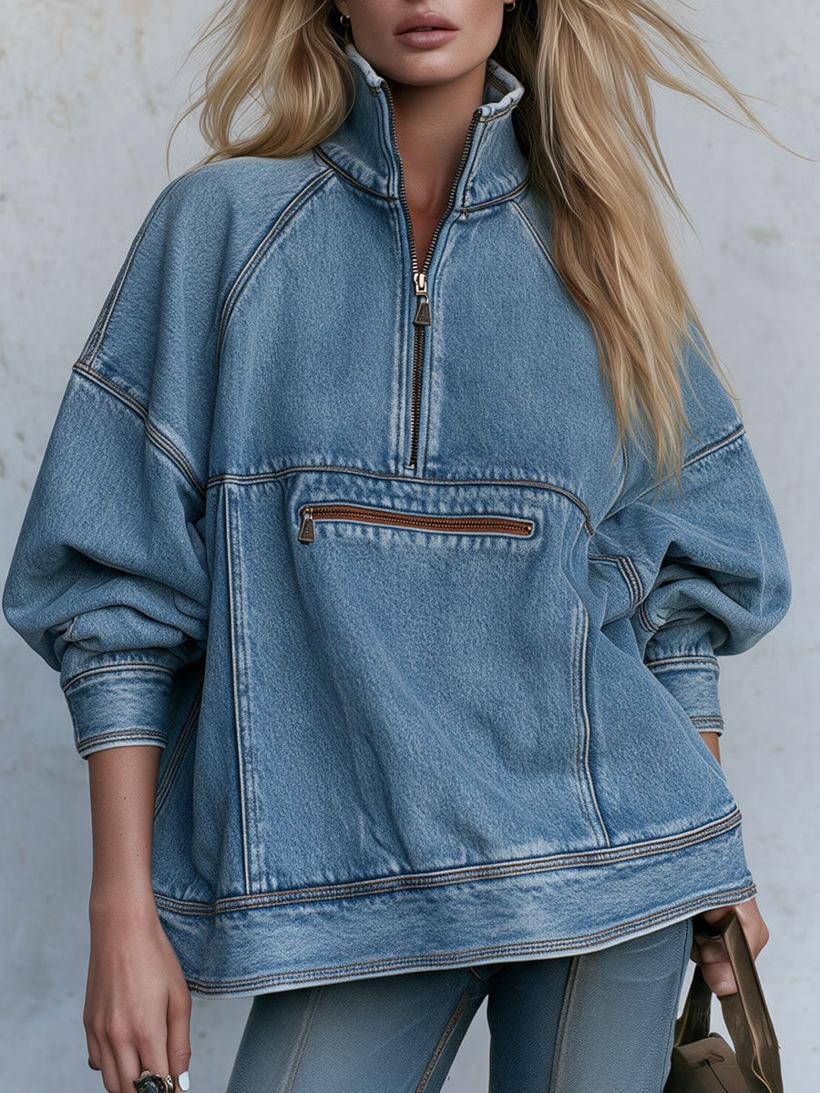 Casual Retro Light Blue Half-zip Stand-up Collar Denim Sweatshirt