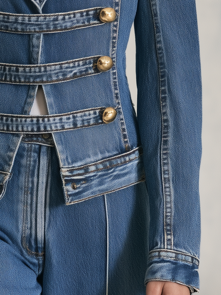 Structured Blue Denim Military Blazer With Gold Buttons