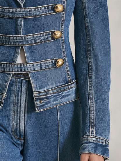 Structured Blue Denim Military Blazer With Gold Buttons