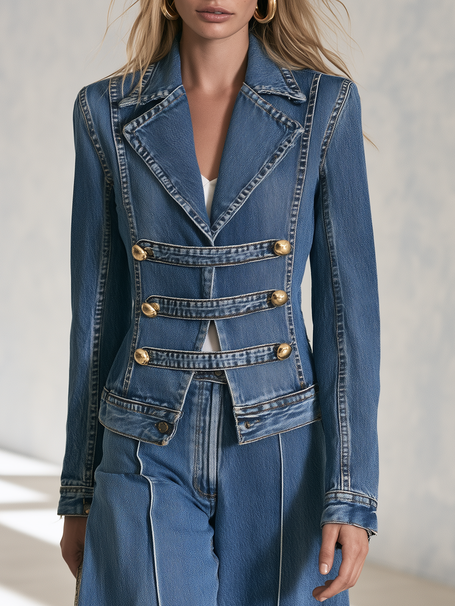 Structured Blue Denim Military Blazer With Gold Buttons