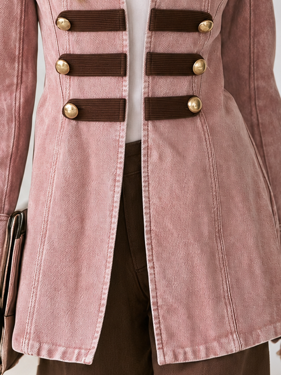 Pink Gold Button Military Denim Blazer For Women