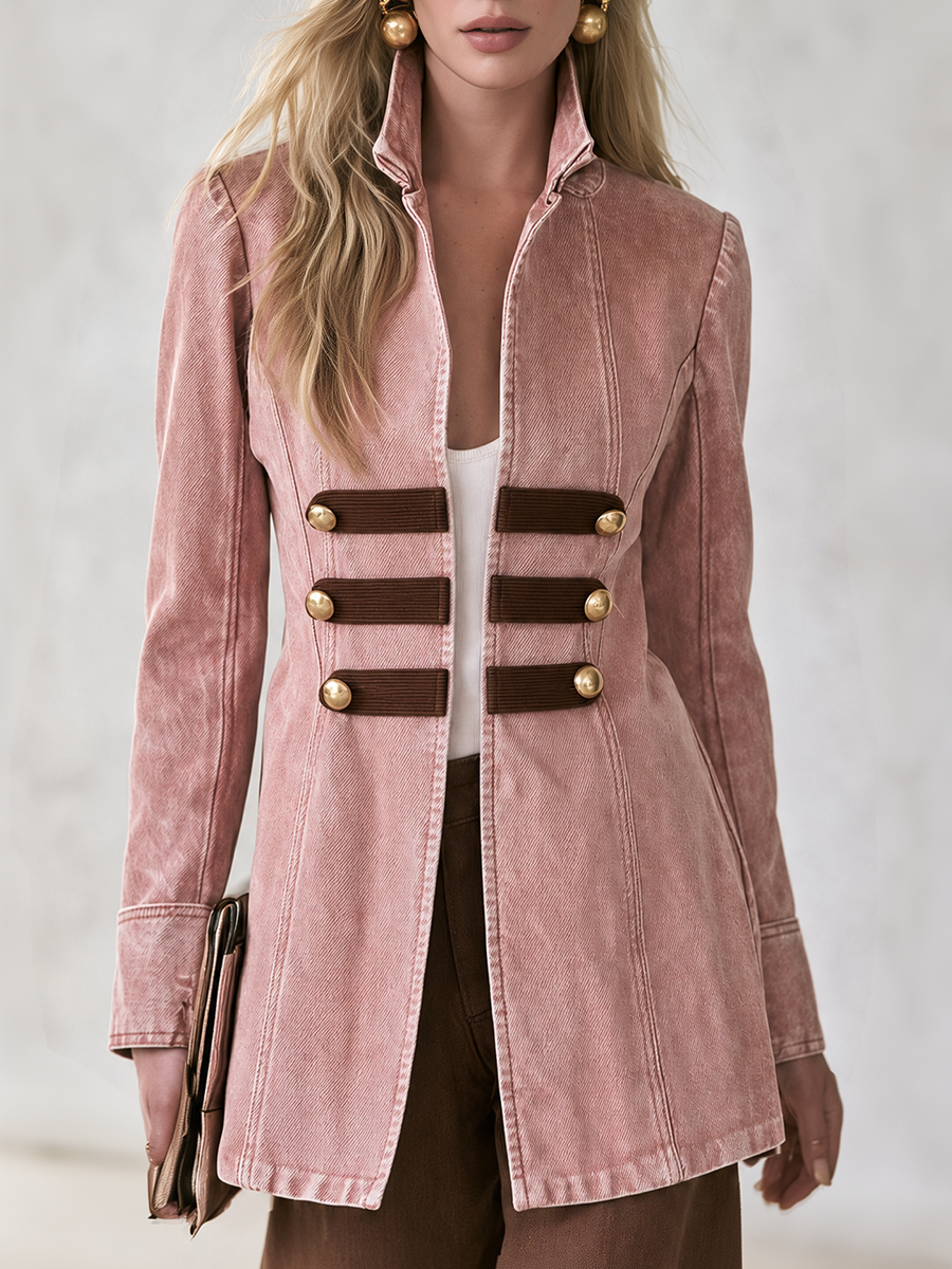 Pink Gold Button Military Denim Blazer For Women