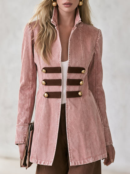Pink Gold Button Military Denim Blazer For Women