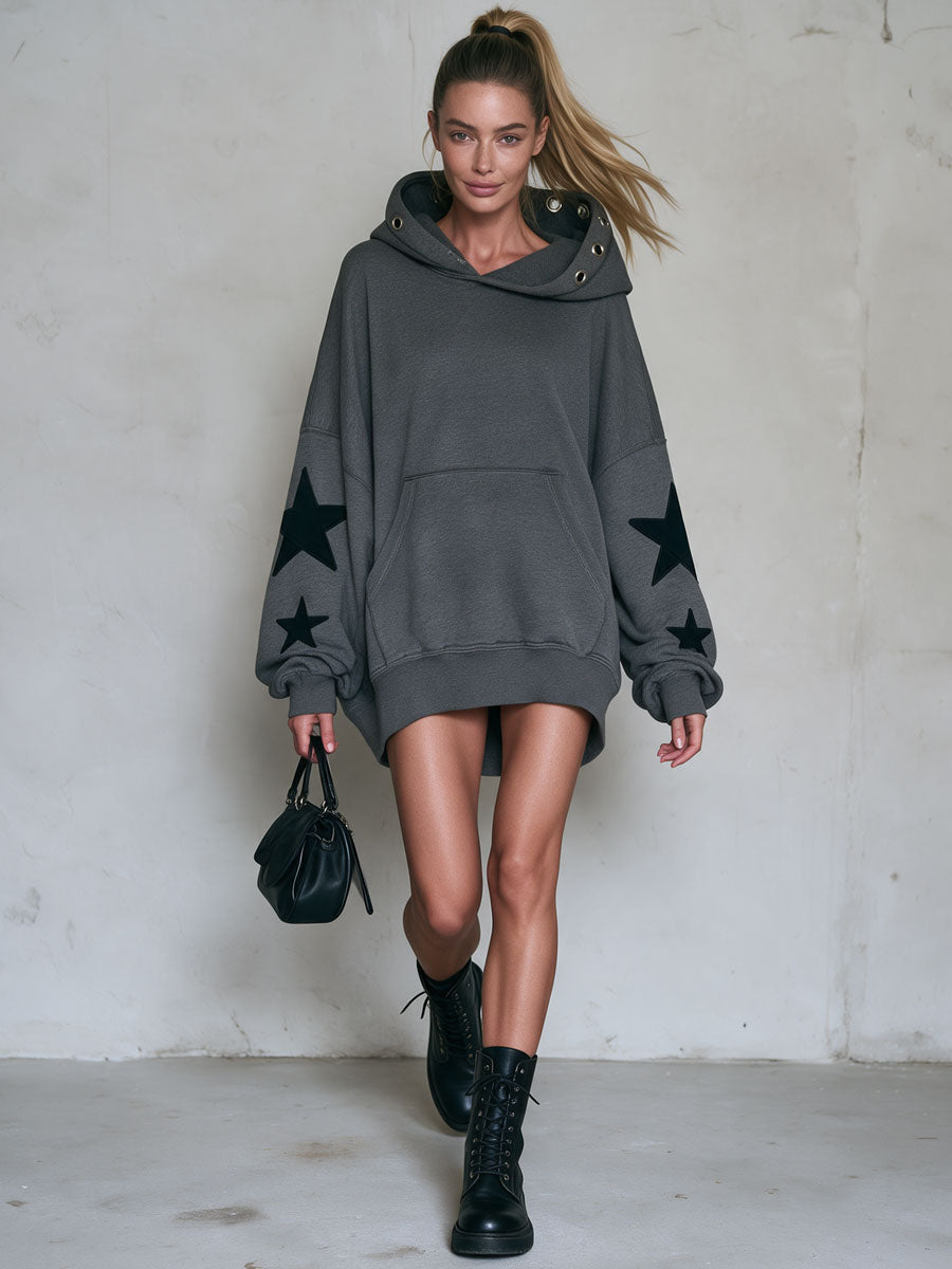 Casual Retro Star Appliqué Gray Cotton Mini Dress