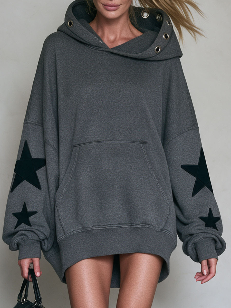 Casual Retro Star Appliqué Gray Cotton Mini Dress