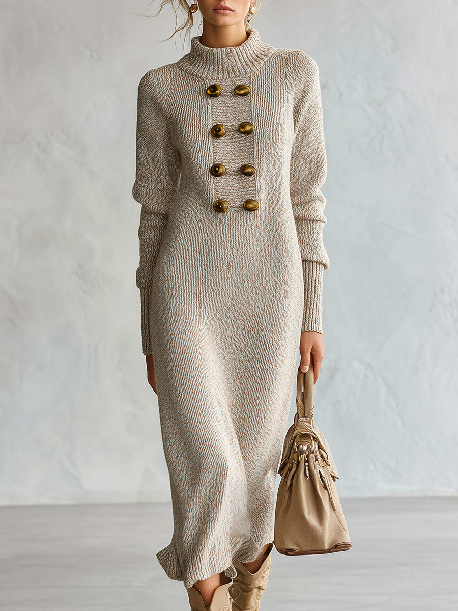 Elegant And Stylish Decorative Buttons Oatmeal-colored Knit Midi Dress