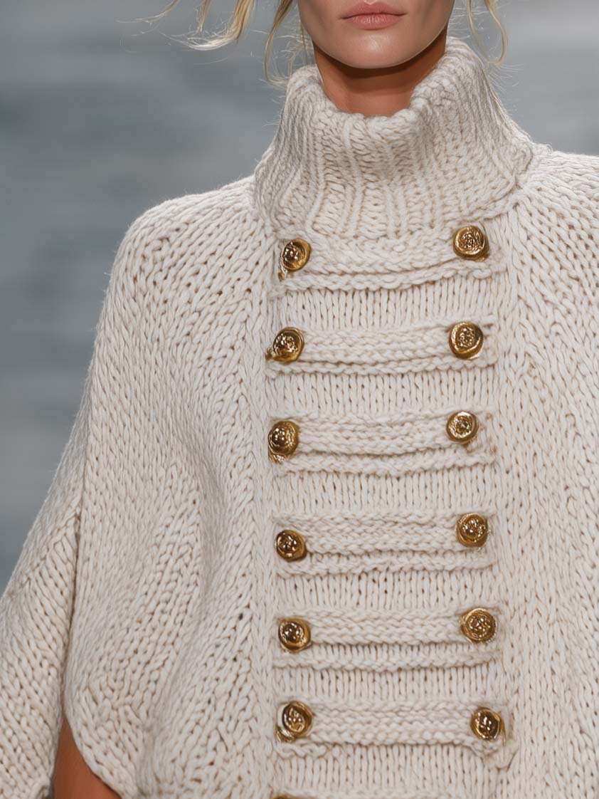 Military Chic Cream Chunky Knit Turtleneck Poncho Sweater Gold Button Cape