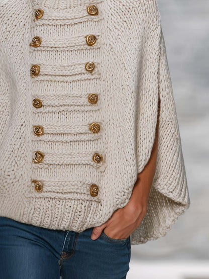 Military Chic Cream Chunky Knit Turtleneck Poncho Sweater Gold Button Cape