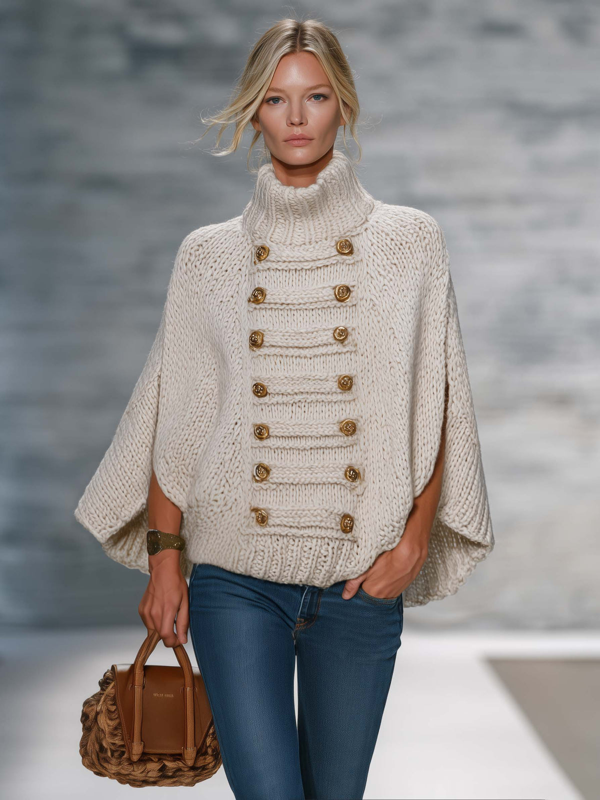 Military Chic Cream Chunky Knit Turtleneck Poncho Sweater Gold Button Cape