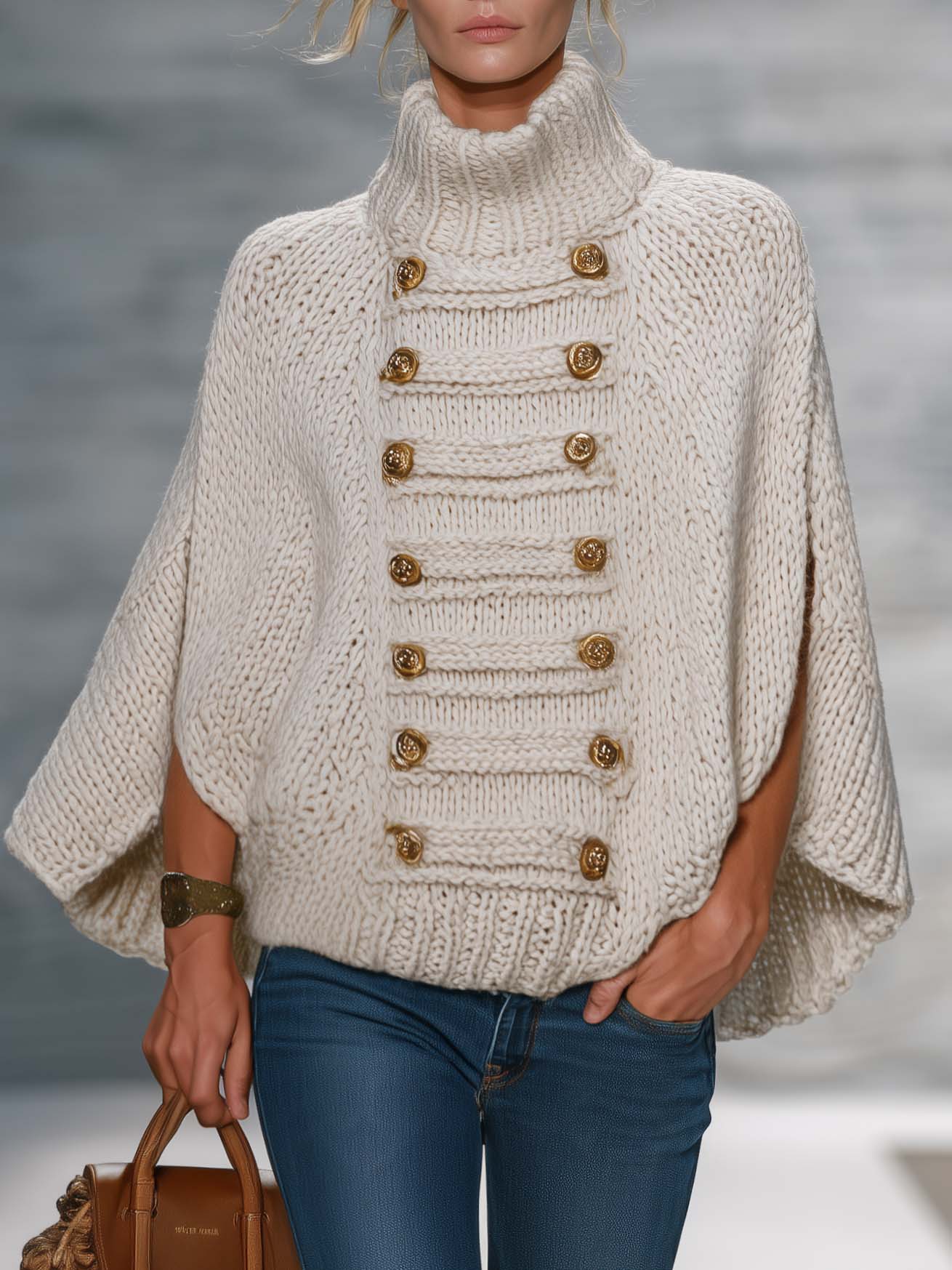 Military Chic Cream Chunky Knit Turtleneck Poncho Sweater Gold Button Cape