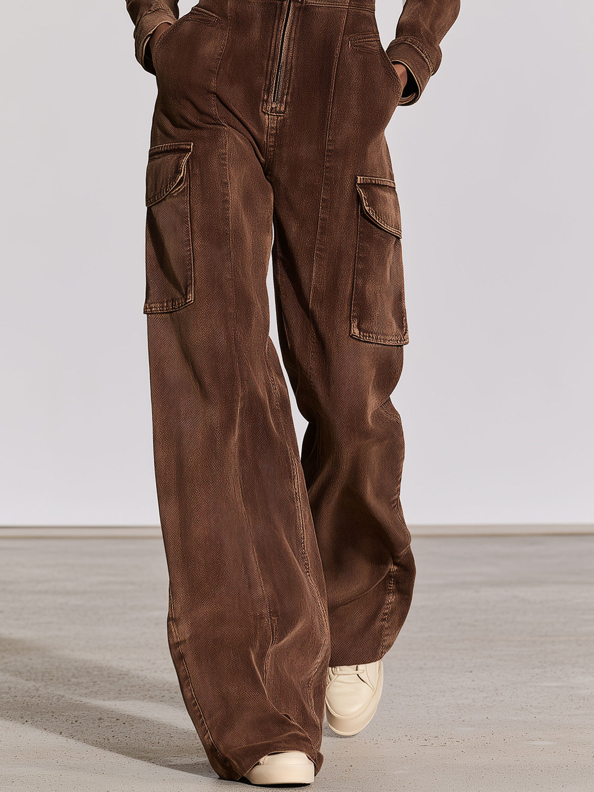 Military-style Retro Workwear Chocolate Denim Long-sleeved Jumpsuit