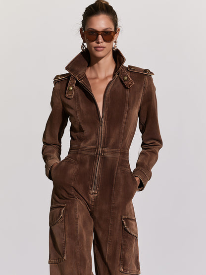 Military-style Retro Workwear Chocolate Denim Long-sleeved Jumpsuit