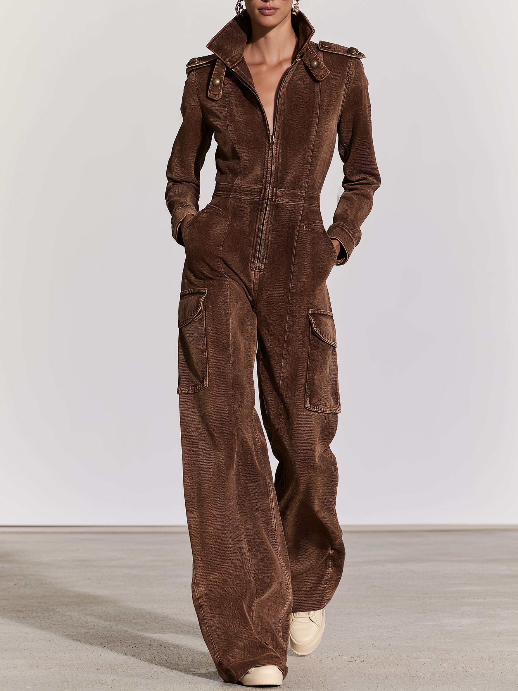 Military-style Retro Workwear Chocolate Denim Long-sleeved Jumpsuit