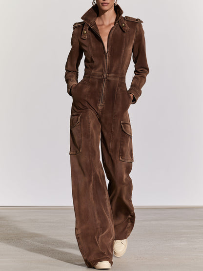 Military-style Retro Workwear Chocolate Denim Long-sleeved Jumpsuit