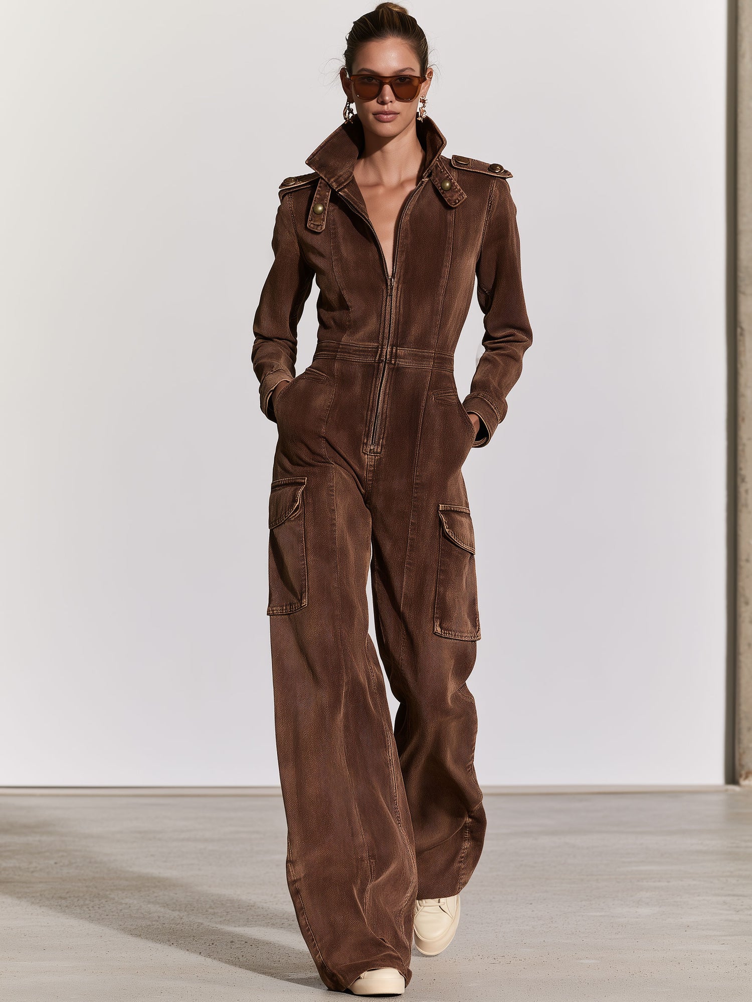 Military-style Retro Workwear Chocolate Denim Long-sleeved Jumpsuit