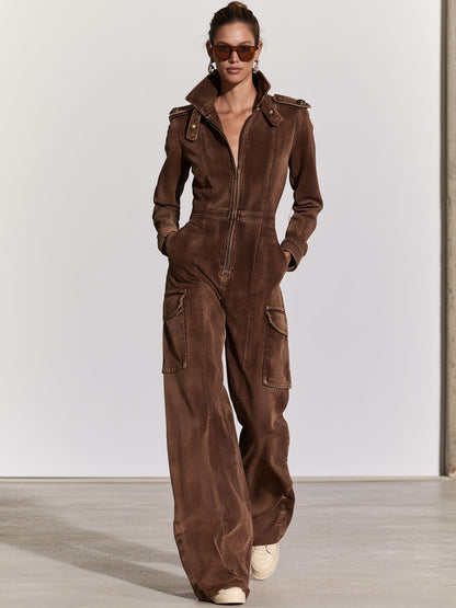 Military-style Retro Workwear Chocolate Denim Long-sleeved Jumpsuit