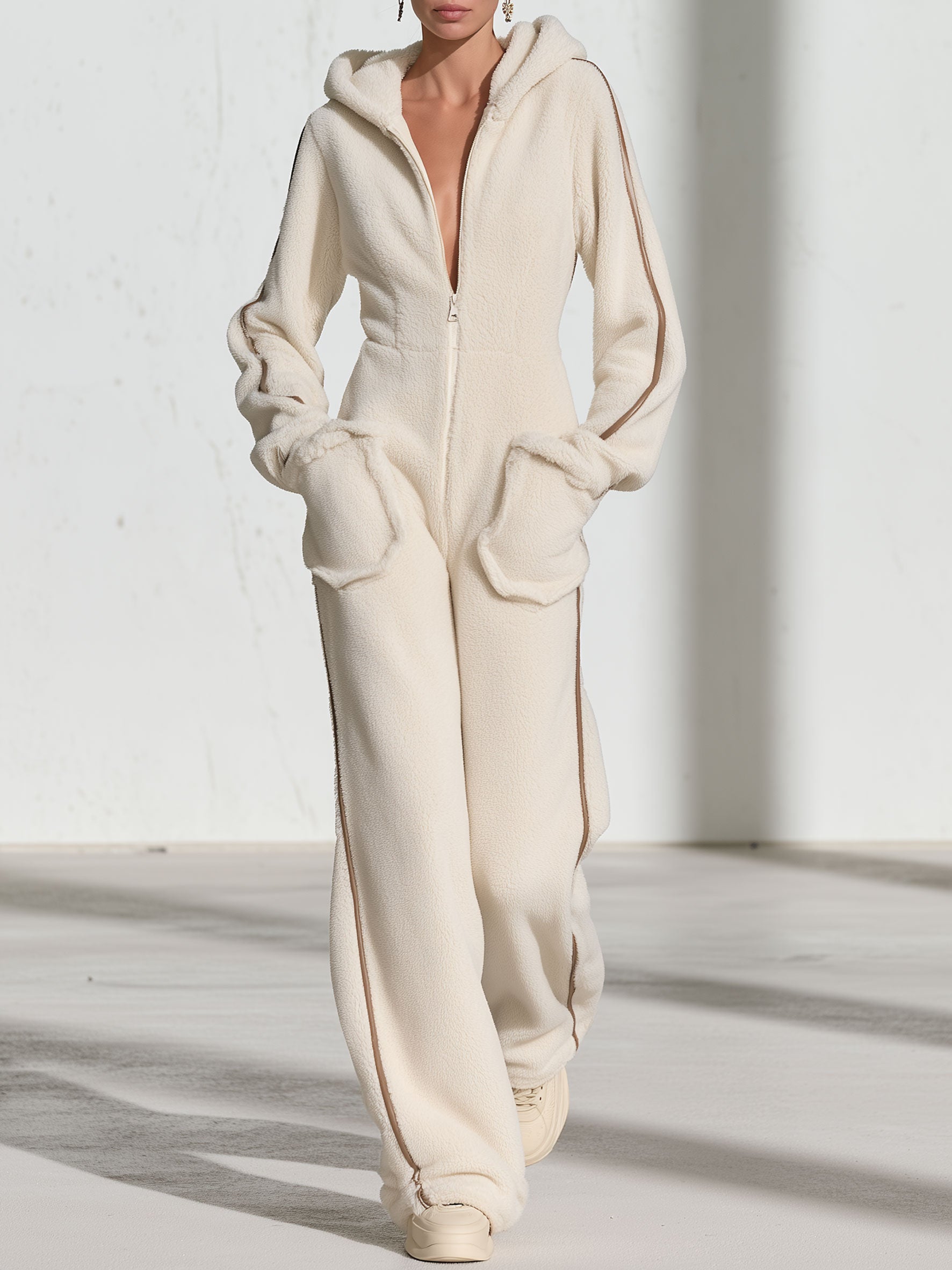 Casual Warm Fleece Color Block Long-Sleeved Hooded Jumpsuit