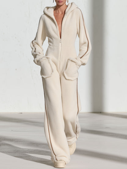 Casual Warm Fleece Color Block Long-Sleeved Hooded Jumpsuit