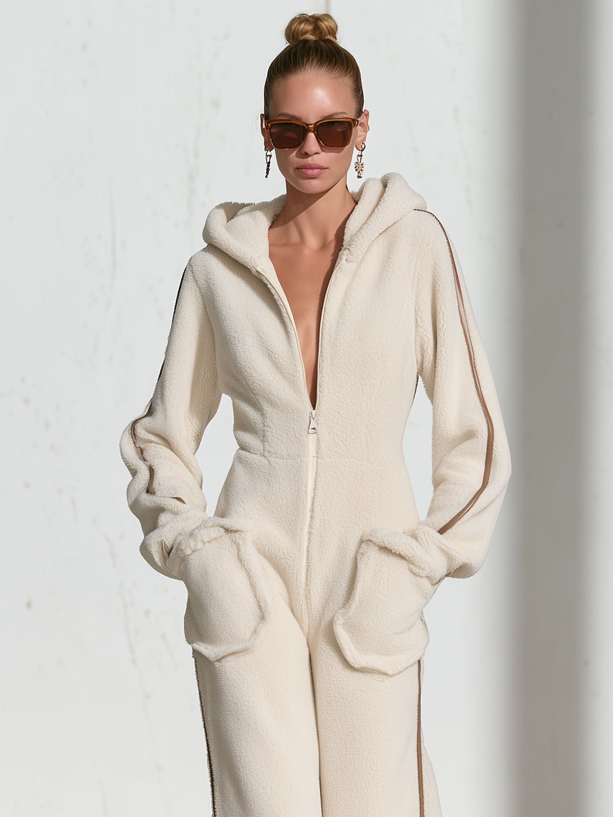 Casual Warm Fleece Color Block Long-Sleeved Hooded Jumpsuit