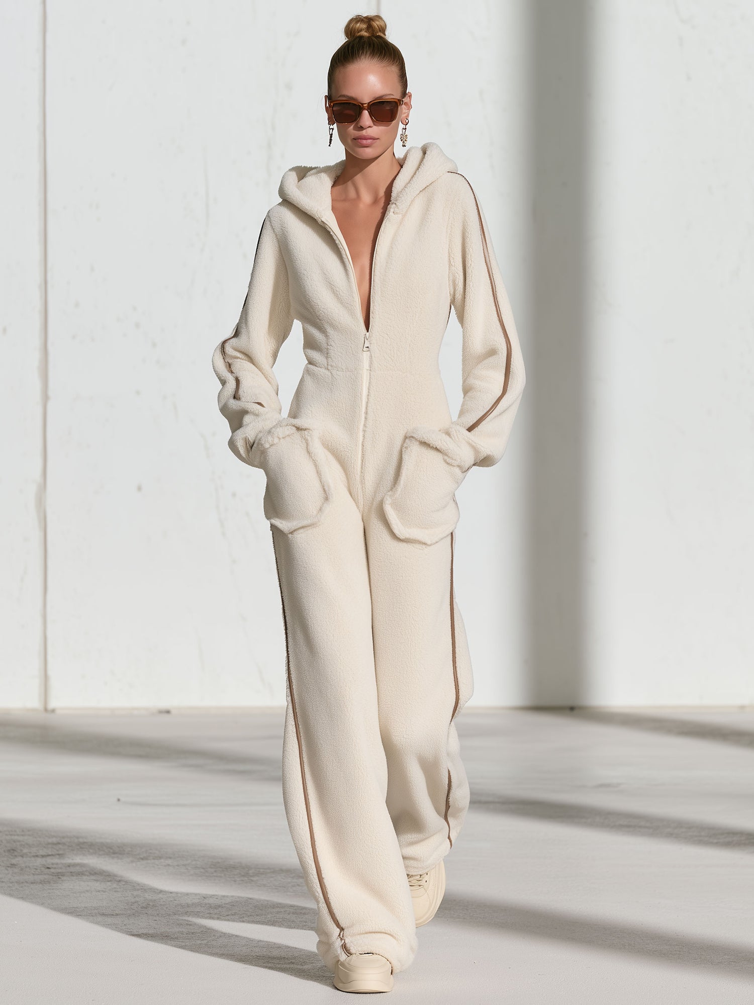 Casual Warm Fleece Color Block Long-Sleeved Hooded Jumpsuit