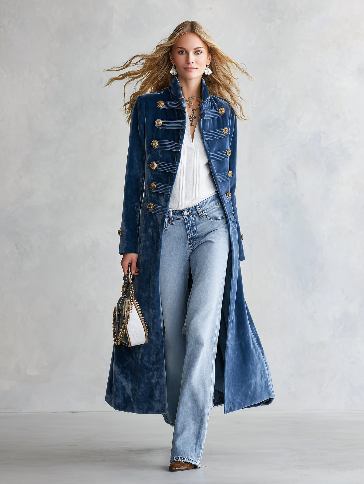 Vintage Military-style Stand-collar Blue Velvet Coat