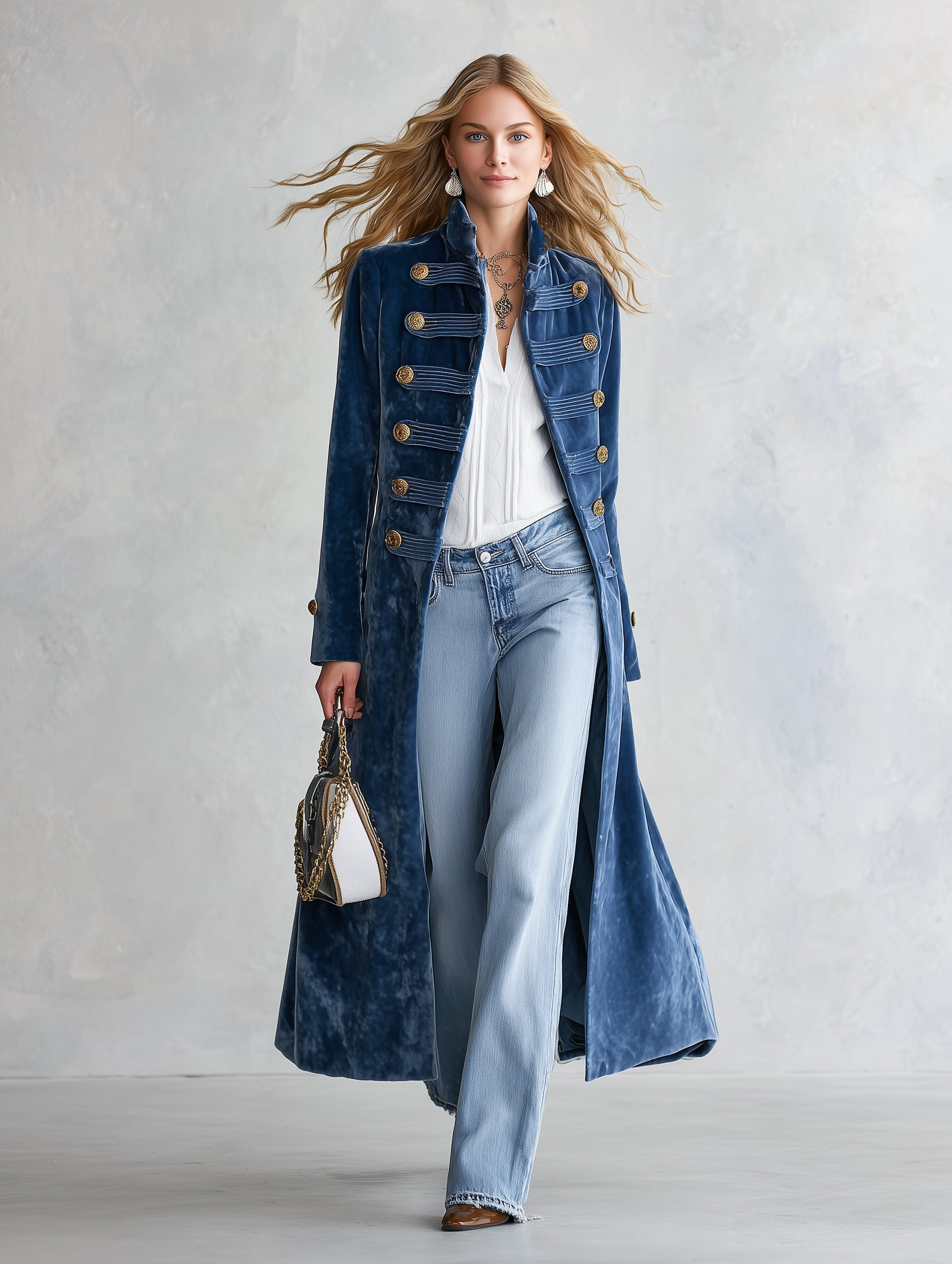 Vintage Military-style Stand-collar Blue Velvet Coat