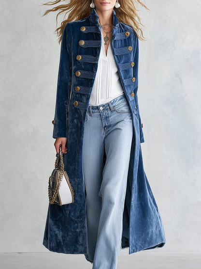 Vintage Military-style Stand-collar Blue Velvet Coat
