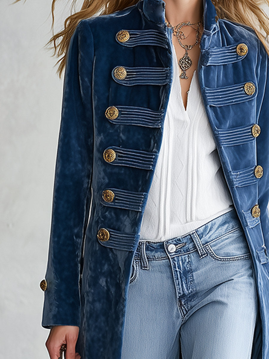 Vintage Military-style Stand-collar Blue Velvet Coat
