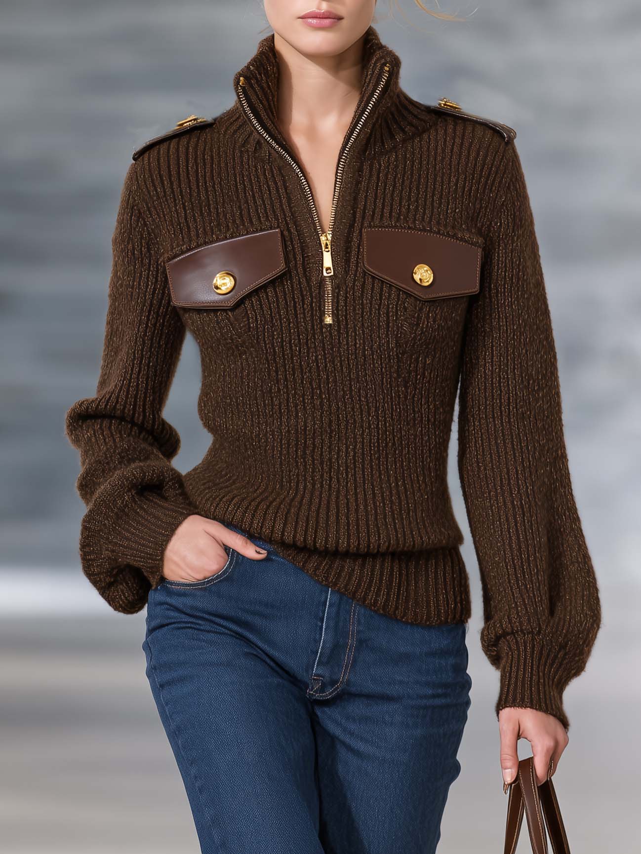 Heritage Utility Brown Mock Neck Zip Sweater Women Epaulette Flap Pocket
