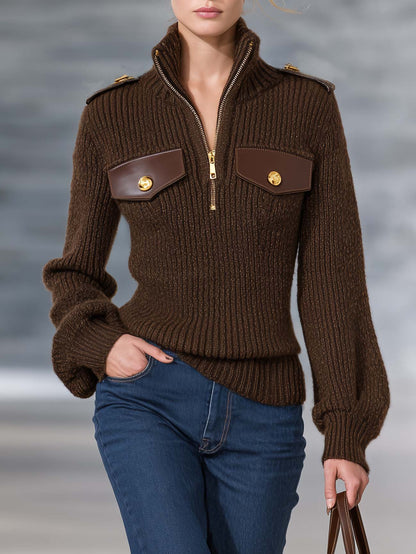 Heritage Utility Brown Mock Neck Zip Sweater Women Epaulette Flap Pocket