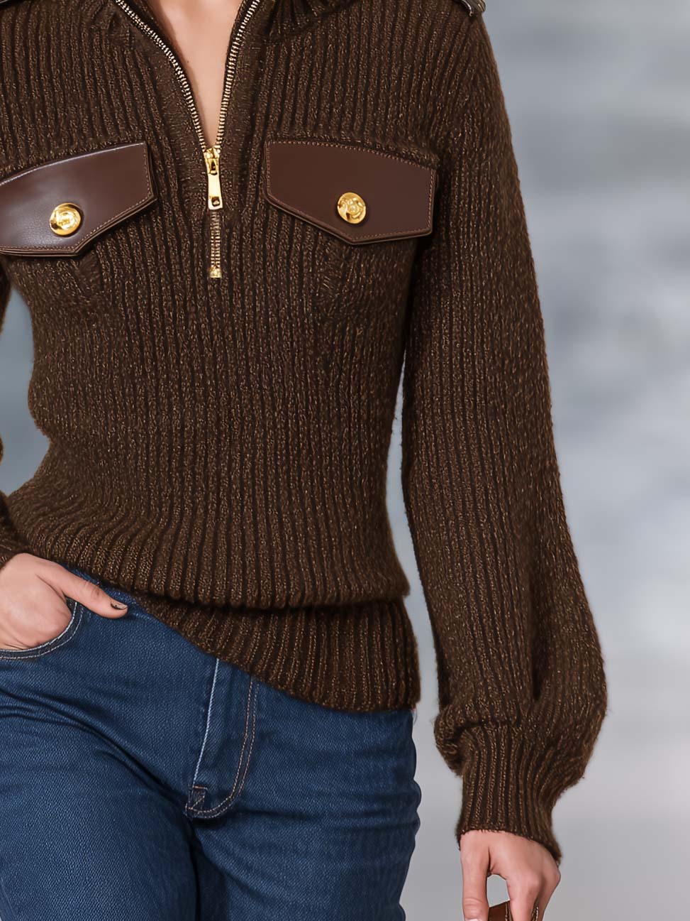 Heritage Utility Brown Mock Neck Zip Sweater Women Epaulette Flap Pocket