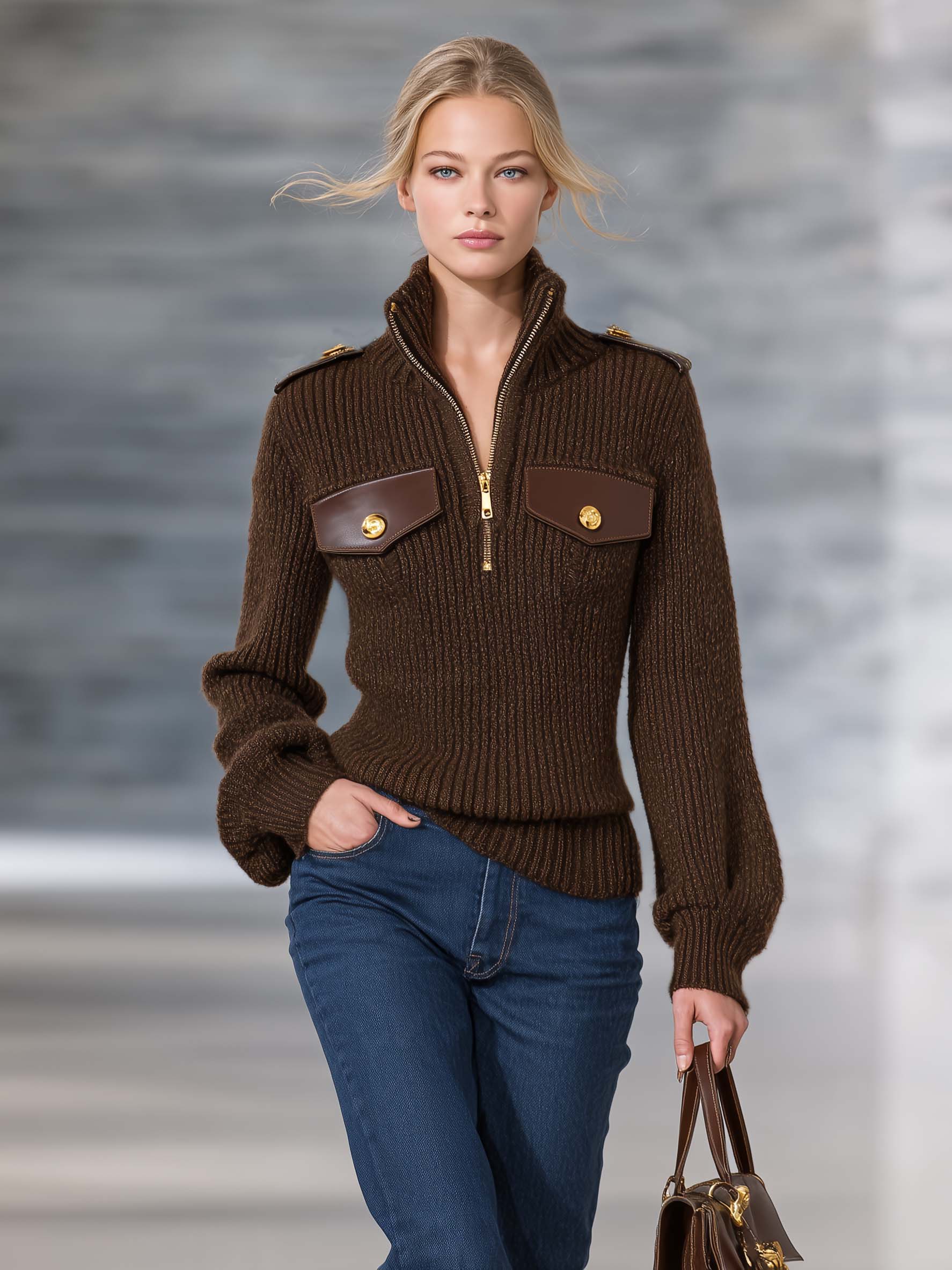 Heritage Utility Brown Mock Neck Zip Sweater Women Epaulette Flap Pocket