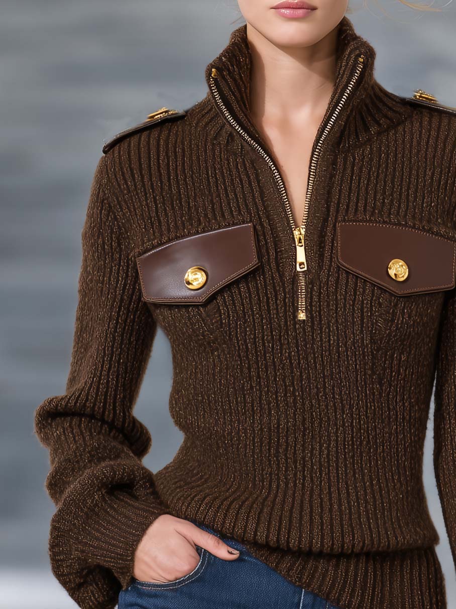 Heritage Utility Brown Mock Neck Zip Sweater Women Epaulette Flap Pocket