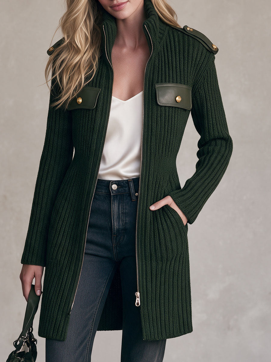 Retro Elegant Dark Green Stand-Collar Zip-Up Ribbed Knit Cardigan Coat